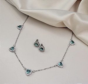 Conjunto FLAN coração cravejado VERDE folheado a prata