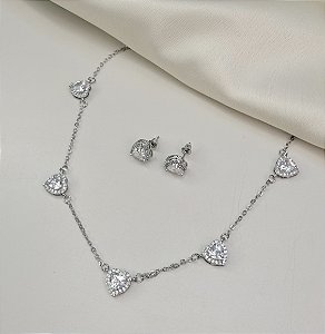 Conjunto FLAN coração cravejado CRISTAL folheado a prata