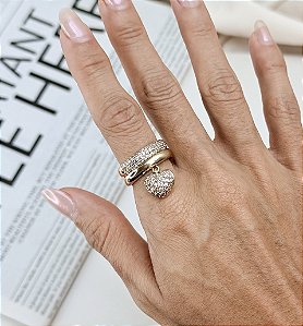 Anel FANTINE duplo pingente cravejada com microzirconia folheado a ouro