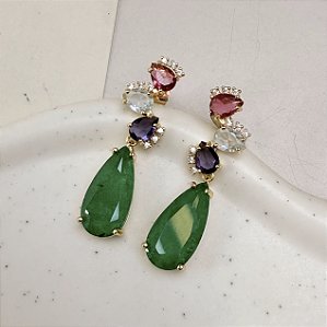 Brinco ERIS pedra premium color (pink,cristal,roxo,verde) folheado a ouro