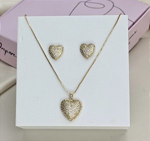 Conjunto BIA colar e brinco cravejado zirconia folheada a ouro