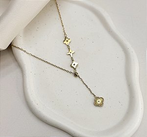Colar ATIBAIA lariat trevo em aço dourado