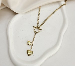 Colar DEAN lariat coração duplo em aço dourado