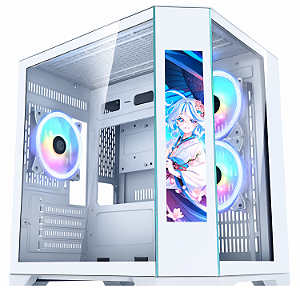 Gabinete Gamer Aquario CG-W2KV Micro ATX, Monitor Dynamic Integrado, Branco, Vidro Temperado, Suporte WC 240 mm