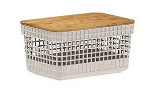 Cesto Organizador Grid c/Tampa de Bambu 2,5L Bege (ref.CG155)