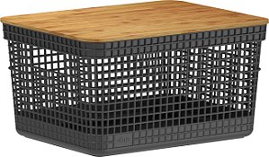 Cesto Organizador Grid c/Tampa de Bambu 08L Preto (ref.CG255)