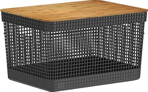 Cesto Organizador Grid c/Tampa de Bambu 20L Preto (ref.CG355)