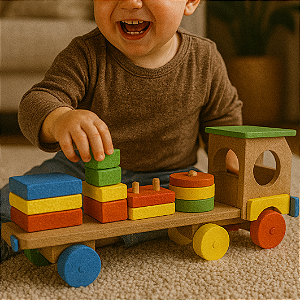 Carreta Montessori de Madeira MDF com Formas Geométricas – Brinquedo Educativo Infantil para Coordenação Motora, Raciocínio Lógico e Criatividade – Pintura Atóxica, Certificação INMETRO, 47x10x14cm