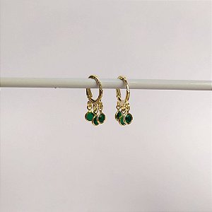 Brinco Argola Pequena Trio Pontos de Luz Verde Esmeralda - Dourado