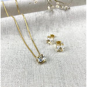Conjunto Pingente Pedra Quadrada Cristal- Dourado