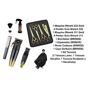 KIT INICIAL BARBEIRO MAQUINA CORTE + ACABAMENTO + KIT TESOURAS + CAPA E ACESSÓRIOS