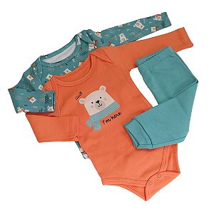 Kit Conjunto Body 3 Peças Bebê em Suedine 100% Algodão Urso Laranja e Verde - Kiko Baby
