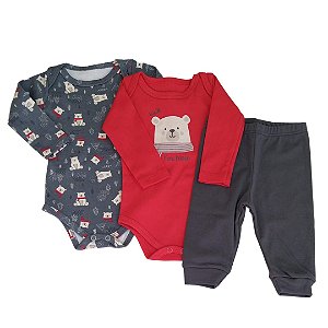 Kit Conjunto Body 3 Peças Bebê em Suedine 100% Algodão Urso Vermelho e Cinza - Kiko Baby