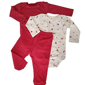 Kit Conjunto Body 3 Peças Bebê em Suedine 100% Algodão Florzinha/Poá Vermelho - Kiko Baby