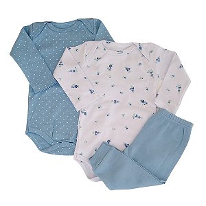 Kit Conjunto Body 3 Peças Bebê em Suedine 100% Algodão Florzinha/Poá Azul - Kiko Baby
