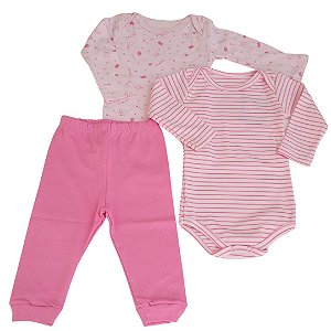 Kit Conjunto Body 3 Peças Bebê em Suedine 100% Algodão Princesa/listrado Rosa - Kiko Baby
