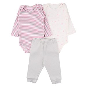 Kit Conjunto Body 3 Peças Bebê em Suedine 100% Algodão Princesa/listrado Off-white - Kiko Baby