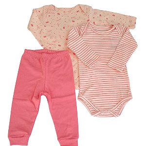 Kit Conjunto Body 3 Peças Bebê em Suedine 100% Algodão Princesa/listrado Salmão - Kiko Baby