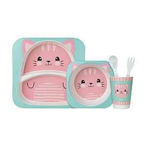 Kit Refeição Biodegradável em Bambu Gatinho 05 peças - Buba