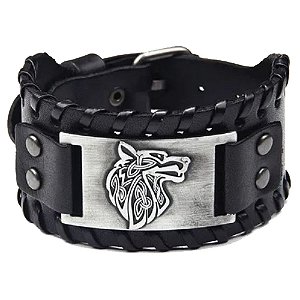 Pulseira De Couro Bracelete Viking Masculino Lobo Fenrir