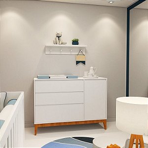 Cômoda Clean com Porta | Branco com Pés em Madeira Eco Wood