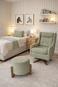 Poltrona Amamentação Isa com puff redondo - balanço e giro - Linho verde.