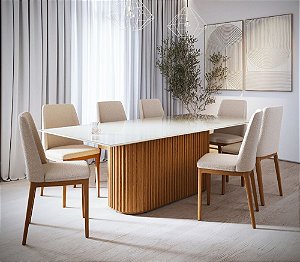 Mesa de jantar Living - Vidro retangular off white / base cinamomo