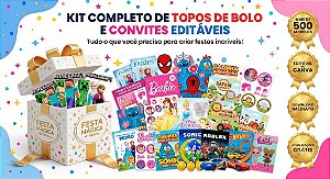 Kit Completo de Topos de Bolo e Convites Editáveis no Canva + Mais de 500 Modelos Prontos para Imprimir | Acesso Imediato