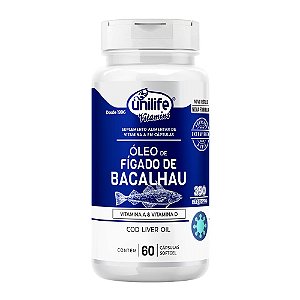 Óleo de Fígado de Bacalhau Com Vitaminas A e D 350Mg Unilife 60 Cápsulas