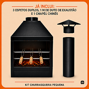 Kit Churrasqueira Parede Pequena com 3 espetos, Duto de Exaustão e Chapéu Chinês – ArtMill