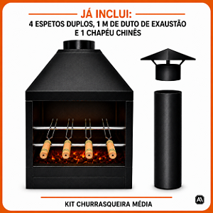 Kit Churrasqueira Parede Média com 4 Espetos, Duto e Chapéu – ArtMill