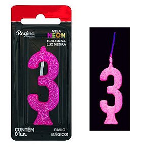 Vela de Aniversário Glitter Neon Pink n° 3  (Brilha na luz negra) - Regina