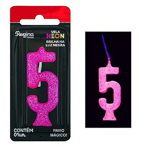 Vela de Aniversário Glitter Neon Pink n° 5  (Brilha na luz negra) - Regina