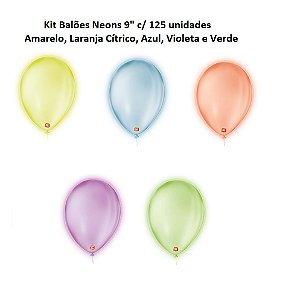 Kit Balão Neon 9" c/ 125 unds Amarelo, Laranja, Azul, Violeta e Verde - São Roque