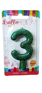 Vela de Aniversário Verde N° 3 Glitter Pavio Mágico - Bello Festas