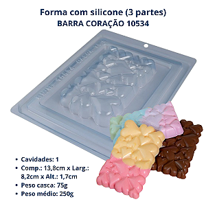 Forma para chocolate Barra Coração Cod 10534 (3 Partes "01 silicone") - BWB Embalagens