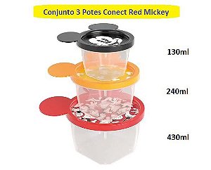 Kit 3 Potes Conect Red Mickey Plástico (430ml, 240ml e 130ml) - Plasútil