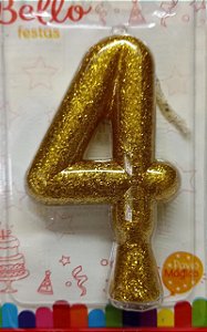 Vela de Aniversário n ° 4 Dourado Glitter Pavio Mágico - Bello Festas