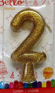 Vela de Aniversário n ° 2 Dourado Glitter Pavio Mágico - Bello Festas