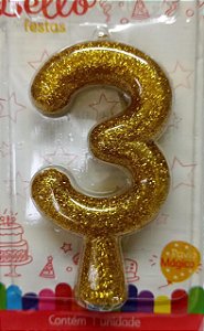 Vela de Aniversário n ° 3 Dourado Glitter Pavio Mágico - Bello Festas