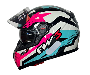 CAPACETE FW3 GTX SUPER AZUL TIFFANY COM ROSA E BRANCO COM OCULOS