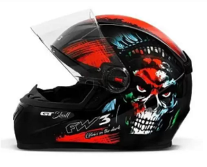 CAPACETE FW3 GT SKULL CAVEIRA PRETO - BRILHA NO ESCURO