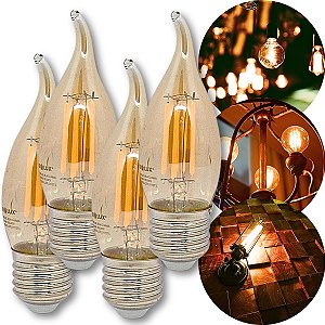 KIT 4 Lampadas Vintage Vela Chama 2W 2400K Branco Quente
