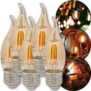 KIT 5 Lampadas Vintage Vela Chama 2W 2400K Branco Quente