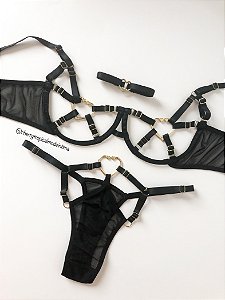 Conjunto de lingerie hot Nataly -3 Peças, Ajustável  - sem bojo com aro de sustentação - Confortável e Sexy Preto