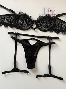Kit de lingerie Jéssica (Conjunto + Cinta Liga) sem bojo com aro de sustentação