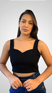 Cropped Tamanho P em Linho com Alça Reforçada e Decote Princesa Preto