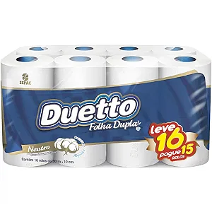 PAPEL HIGIENICO FOLHA DUPLA NEUTRO LEVE 16 PAGUE 15 ROLOS DE 30M DUETTO