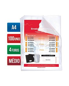 ENVELOPE PLASTICO A4 MEDIO C/4 FUROS 0.10 MICRAS C/100 REF 5078 DAC