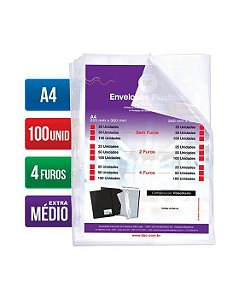 ENVELOPE PLASTICO A4 EXTRA MEDIO C/4 FUROS 12 MICRAS C/100 REF 5178 DAC